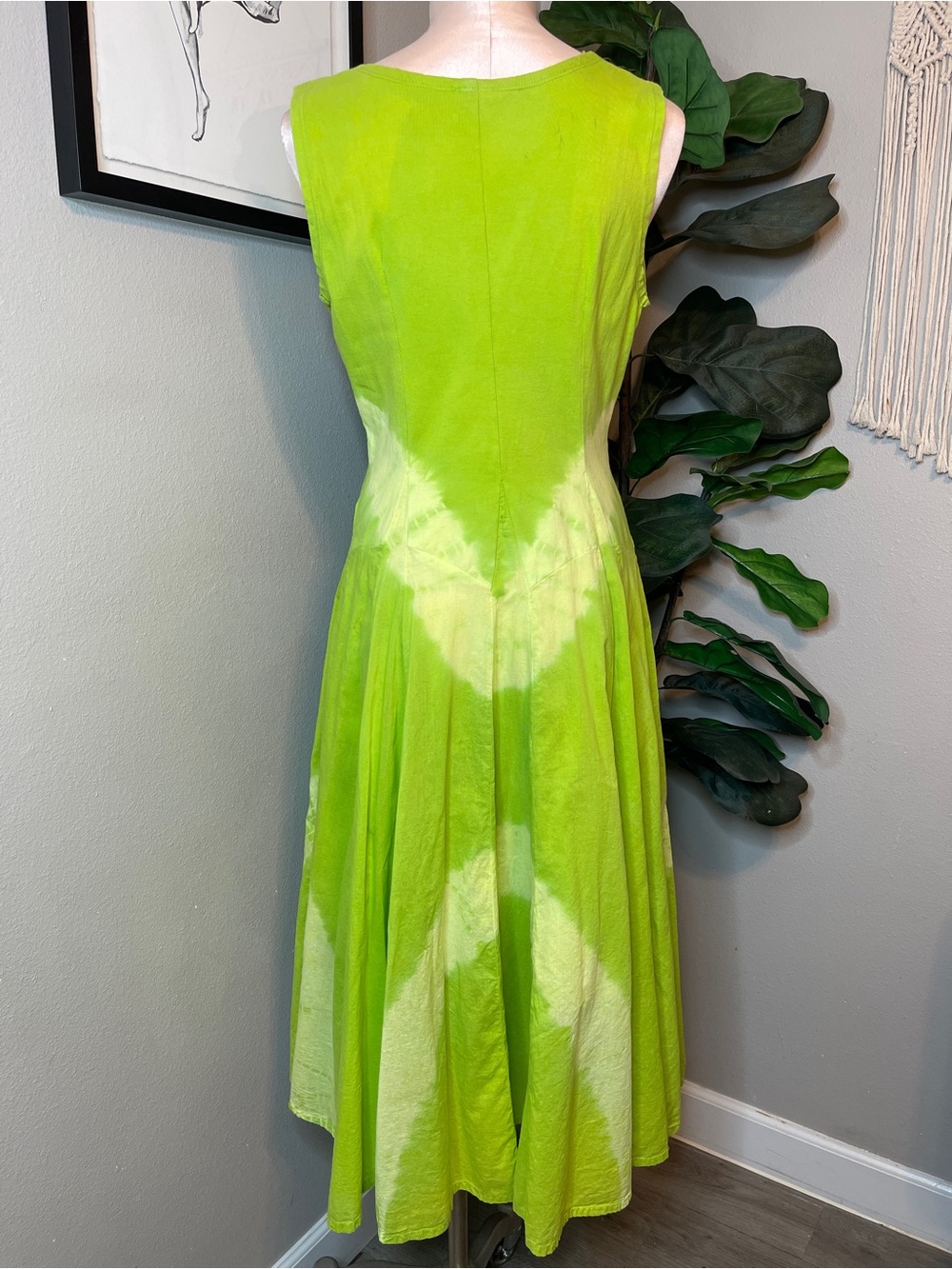 Artsy Boho Lagenlook French Bustle 100% Cotton Midi Dress Lime Green Tie Dye - Picture 8 of 15